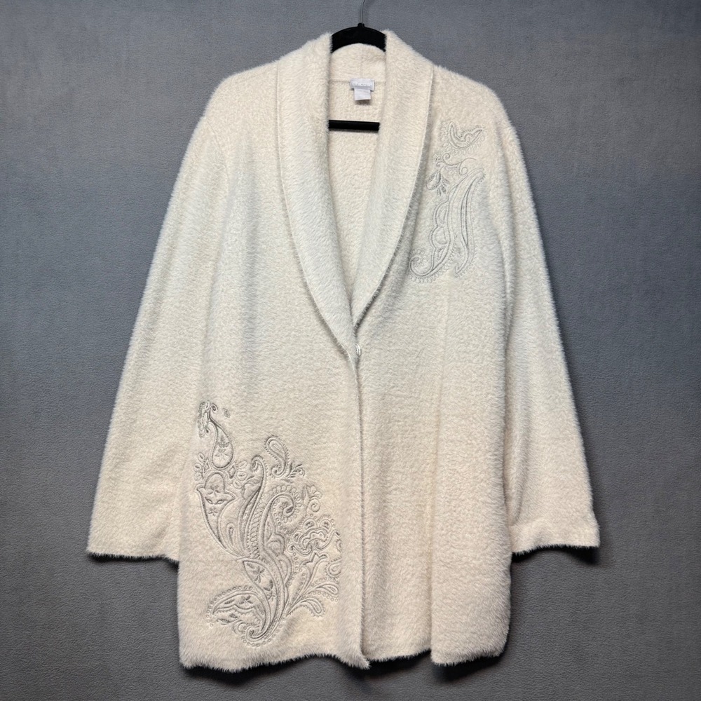 Chicos Embroidery Coatigan Sweater Cardigan Ecru‎ Large 2 Longline Soft Cozy